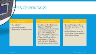 TYPES OF RFIDTAGS
ActiveTags
• Use a battery
• communicate over
distances of several meters
Semi-passiveTags
• Contain built-in batteries
to power the chip’s
circuitry, resist interference
and circumvent a lack of
power from the reader
signal due to long distance.
• They are different from
active tags in that they
only transmit data at the
time a response is received
PassiveTags
• Derive their power from
the field generated by the
reader
• without having an active
transmitter to transfer the
information stored
10/19/2015 FRID & Its Applications 6
 