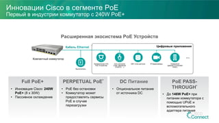 Расширенная экосистема PoE Устройств
Инновации Cisco в сегменте PoE
Первый в индустрии коммутатор с 240W PoE+
Full PoE+
•  Инновация Cisco: 240W
PoE+ (8 x 30W)
•  Пассивное охлаждение
PERPETUAL PoE*
•  PoE без остановки
•  Коммутатор может
предоставлять сервисы
PoE в случае
перезагрузки
DC Питание
•  Опциональное питание
от источника DC
PoE PASS-
THROUGH*
Компактный коммутатор
Кабель Ethernet
…
WiFi точки доступа IP ВидеокамерыСеть сенсоров
(Свет, Движение,
CO2/CO, ...)
Коммерческие LED
PoE Устройства
Управление
зданием (Connected
HVAC)
Выключатель
Цифровые приложения
•  До 146W PoE+ при
питании коммутатора с
помощью UPoE и
вспомогательного
адаптера питания
 