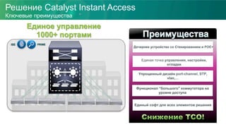 Дочернее устройство со Стекированием и POE+
Единая точка управления, настройки,
отладки
Упрощенный дизайн port-channel, STP,
vlan,…
Функционал “большого” коммутатора на
уровне доступа
Единый софт для всех элементов решения
Единое управление
1000+ портами
Решение Catalyst Instant Access
Ключевые преимущества
ISE PRIME
 