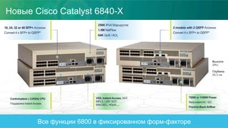 © 2014 Cisco and/or its affiliates. All rights reserved. Cisco Confidential
Все функции 6800 в фиксированном форм-факторе
Глубина:
55,3 см
Высота:
2RU
16, 24, 32 or 40 SFP+ Аплинки
Convert 4 x SFP+ to QSFP*
2 models with 2 QSFP Аплинки
Convert 4 x SFP+ to QSFP*
750W or 1100W Power
RedundantAC / DC
Front-to-Back Airflow
256K IPv4 Маршрутов
1.5M NetFlow
64K QoS /ACL
VSS, Instant Access, NAT,
MPLS, LISP, SGT,
MACSEC, HQoS, ...
Control-plane с 2.0GHz CPU
Поддержка instantAccess
Новые Cisco Catalyst 6840-X
 