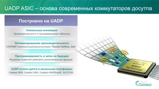 UADP ASIC – основа современных коммутаторов досутпа
Построено на UADP
Уникальные инновации
Производительность и программируемая гибкостью
Оптимизированная производительность
CAPWAP инкапсуляция/декапсуляция, Flexible Netflow, QoS
Программируемость и запас на будущее
Flexparser позволяет добалвять дополнительные функции
UADP используется в нескольких платформах
Catalyst 3850, Catalyst 3650, Catalyst 4500/Sup8E, WLC5760
 