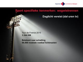 Sport  specifieke  kenmerken:  wegwielrennen
l Daglicht  vereist  (dal  uren  tv)
Tour  de  France  2015
3.344  KM
Betekent  naar  schatting  
66.880  mobiele  voetbal  lichtmasten
 