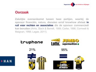 Oorzaak
Zakelijke overeenkomst tussen twee partijen, waarbij de
sponsor financiën, natura, diensten en/of knowhow afstaat in
ruil voor rechten en associaties die de sponsor commercieël
kan benutten (Amis, Slack & Berrett, 1999;; Carter, 1996;; Cornwell &
Maignan, 1998;; Lagae, 2011).
21% 95%
 