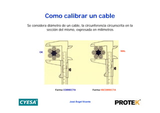 Como calibrar un cable
Se considera diámetro de un cable, la circunferencia circunscrita en la
            sección del mismo, expresada en milímetros




        OK                                                          MAL




                  Forma CORRECTA                 Forma INCORRECTA




                            José Ángel Vicente
 