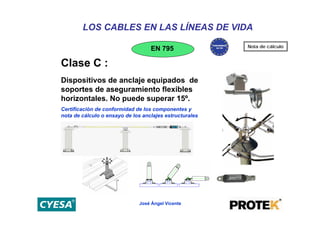 LOS CABLES EN LAS LÍNEAS DE VIDA
                                                         Nota de cálculo
                                   EN 795

Clase C :
Dispositivos de anclaje equipados de
soportes de aseguramiento flexibles
horizontales. No puede superar 15º.
Certificación de conformidad de los componentes y
nota de cálculo o ensayo de los anclajes estructurales




                              José Ángel Vicente
 