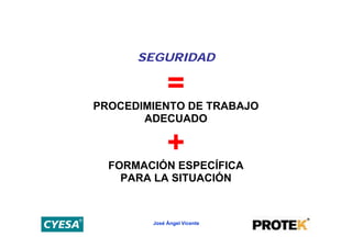 SEGURIDAD

             =
PROCEDIMIENTO DE TRABAJO
       ADECUADO

             +
  FORMACIÓN ESPECÍFICA
    PARA LA SITUACIÓN


        José Ángel Vicente
 