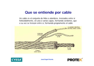 Que se entiende por cable
Un cable es el conjunto de hilos o alambres, trenzados entre sí
helicoidalmente, en una o varias capas, formando cordones, que
a su vez se trenzan entre sí, formando propiamente el cable




                       José Ángel Vicente
 