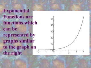 Exponential
Functions are
functions which
can be
represented by
graphs similar
to the graph on
the right
 