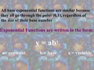 All base exponential functions are similar because
they all go through the point (0,1), regardless of
the size of their base number
Exponential Functions are written in the form:
y = abx
a= constant b = base x = variable
 