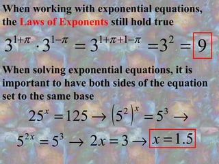 When solving exponential equations, it is
important to have both sides of the equation
set to the same base
When working with exponential equations,
the Laws of Exponents still hold true
=⋅ −+ ππ 11
33 =−++ ππ 11
3 =2
3 9
→=12525x
( ) →= 32
55
x
→= 32
55 x
→= 32x 5.1=x
 