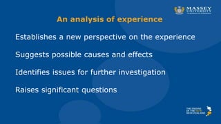 An analysis of experience
Establishes a new perspective on the experience
Suggests possible causes and effects
Identifies issues for further investigation
Raises significant questions
 