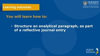 You will learn how to:
• Structure an analytical paragraph, as part
of a reflective journal entry
Learning outcomes
 