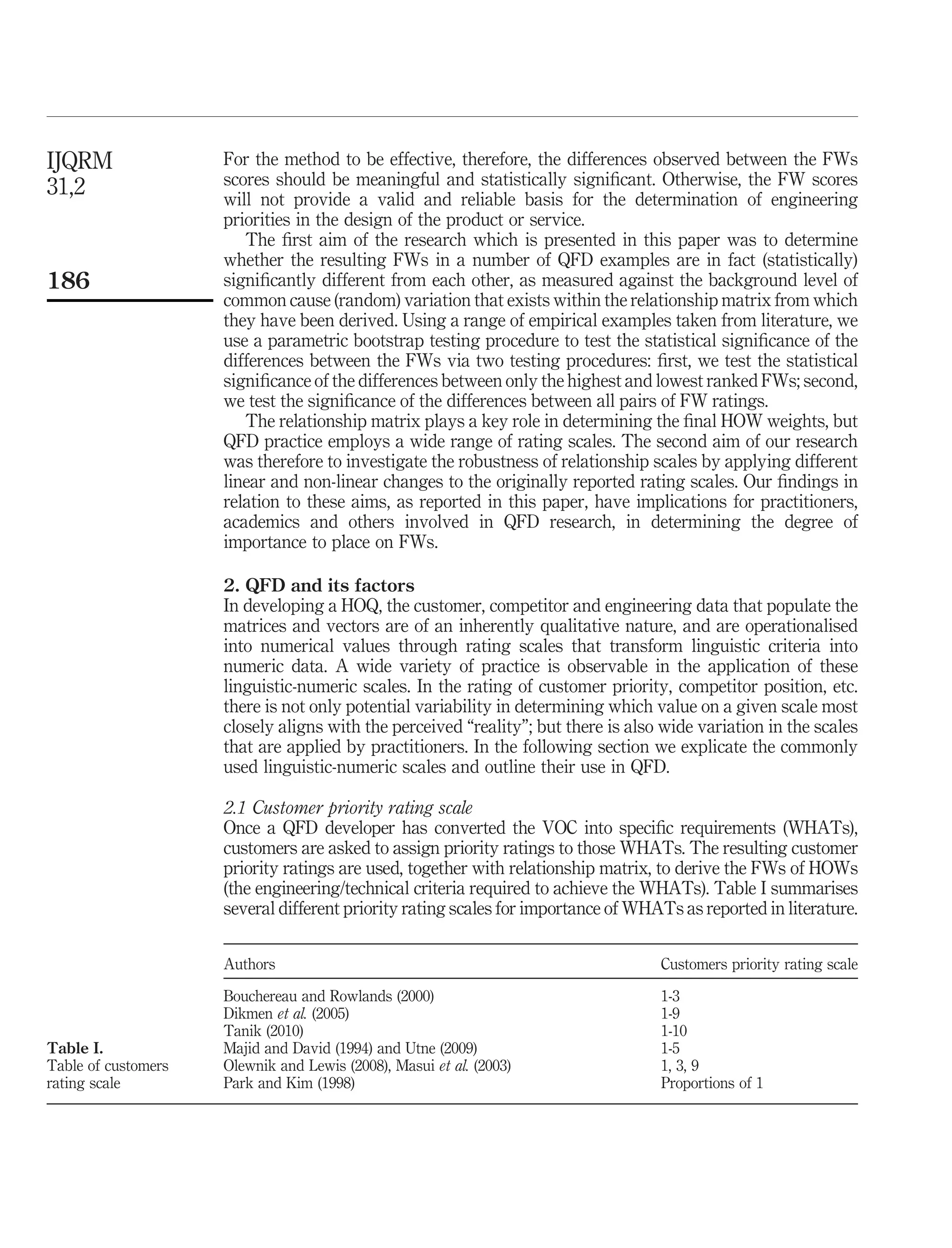For the method to be effective, therefore, the differences observed between the FWs
scores should be meaningful and statistically signiﬁcant. Otherwise, the FW scores
will not provide a valid and reliable basis for the determination of engineering
priorities in the design of the product or service.
The ﬁrst aim of the research which is presented in this paper was to determine
whether the resulting FWs in a number of QFD examples are in fact (statistically)
signiﬁcantly different from each other, as measured against the background level of
common cause (random) variation that exists within the relationship matrix from which
they have been derived. Using a range of empirical examples taken from literature, we
use a parametric bootstrap testing procedure to test the statistical signiﬁcance of the
differences between the FWs via two testing procedures: ﬁrst, we test the statistical
signiﬁcance of the differences between only the highest and lowest ranked FWs; second,
we test the signiﬁcance of the differences between all pairs of FW ratings.
The relationship matrix plays a key role in determining the ﬁnal HOW weights, but
QFD practice employs a wide range of rating scales. The second aim of our research
was therefore to investigate the robustness of relationship scales by applying different
linear and non-linear changes to the originally reported rating scales. Our ﬁndings in
relation to these aims, as reported in this paper, have implications for practitioners,
academics and others involved in QFD research, in determining the degree of
importance to place on FWs.
2. QFD and its factors
In developing a HOQ, the customer, competitor and engineering data that populate the
matrices and vectors are of an inherently qualitative nature, and are operationalised
into numerical values through rating scales that transform linguistic criteria into
numeric data. A wide variety of practice is observable in the application of these
linguistic-numeric scales. In the rating of customer priority, competitor position, etc.
there is not only potential variability in determining which value on a given scale most
closely aligns with the perceived “reality”; but there is also wide variation in the scales
that are applied by practitioners. In the following section we explicate the commonly
used linguistic-numeric scales and outline their use in QFD.
2.1 Customer priority rating scale
Once a QFD developer has converted the VOC into speciﬁc requirements (WHATs),
customers are asked to assign priority ratings to those WHATs. The resulting customer
priority ratings are used, together with relationship matrix, to derive the FWs of HOWs
(the engineering/technical criteria required to achieve the WHATs). Table I summarises
several different priority rating scales for importance of WHATs as reported in literature.
Authors Customers priority rating scale
Bouchereau and Rowlands (2000) 1-3
Dikmen et al. (2005) 1-9
Tanik (2010) 1-10
Majid and David (1994) and Utne (2009) 1-5
Olewnik and Lewis (2008), Masui et al. (2003) 1, 3, 9
Park and Kim (1998) Proportions of 1
Table I.
Table of customers
rating scale
IJQRM
31,2
186
 