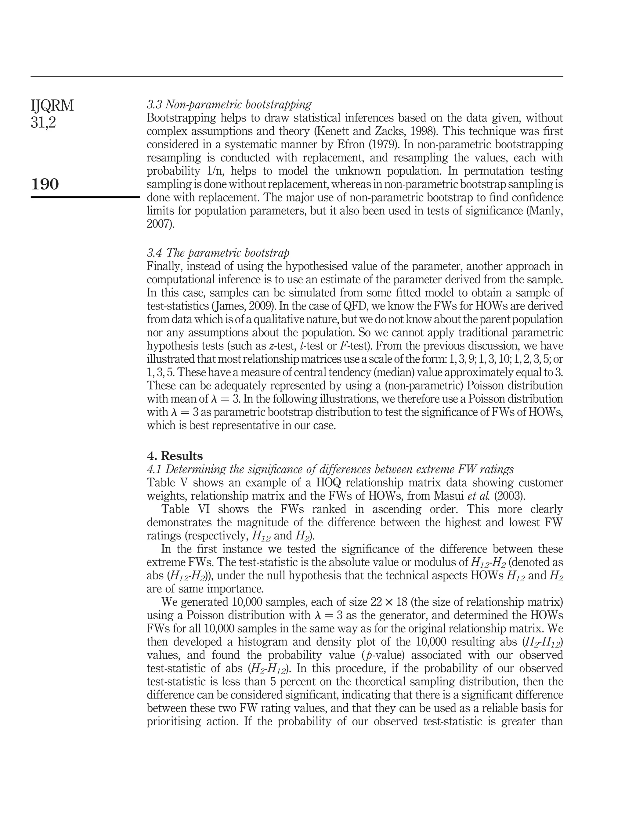 3.3 Non-parametric bootstrapping
Bootstrapping helps to draw statistical inferences based on the data given, without
complex assumptions and theory (Kenett and Zacks, 1998). This technique was ﬁrst
considered in a systematic manner by Efron (1979). In non-parametric bootstrapping
resampling is conducted with replacement, and resampling the values, each with
probability 1/n, helps to model the unknown population. In permutation testing
sampling is done without replacement, whereas in non-parametric bootstrap sampling is
done with replacement. The major use of non-parametric bootstrap to ﬁnd conﬁdence
limits for population parameters, but it also been used in tests of signiﬁcance (Manly,
2007).
3.4 The parametric bootstrap
Finally, instead of using the hypothesised value of the parameter, another approach in
computational inference is to use an estimate of the parameter derived from the sample.
In this case, samples can be simulated from some ﬁtted model to obtain a sample of
test-statistics (James, 2009). In the case of QFD, we know the FWs for HOWs are derived
from data which isof a qualitative nature,but we do not know about the parent population
nor any assumptions about the population. So we cannot apply traditional parametric
hypothesis tests (such as z-test, t-test or F-test). From the previous discussion, we have
illustrated that most relationshipmatrices use a scale ofthe form:1,3, 9;1,3,10;1,2,3, 5;or
1, 3, 5. These have a measure of central tendency (median) value approximately equal to 3.
These can be adequately represented by using a (non-parametric) Poisson distribution
with mean of l ¼ 3. In the following illustrations, we therefore use a Poisson distribution
with l ¼ 3 as parametric bootstrap distribution to test the signiﬁcance of FWs of HOWs,
which is best representative in our case.
4. Results
4.1 Determining the signiﬁcance of differences between extreme FW ratings
Table V shows an example of a HOQ relationship matrix data showing customer
weights, relationship matrix and the FWs of HOWs, from Masui et al. (2003).
Table VI shows the FWs ranked in ascending order. This more clearly
demonstrates the magnitude of the difference between the highest and lowest FW
ratings (respectively, H12 and H2).
In the ﬁrst instance we tested the signiﬁcance of the difference between these
extreme FWs. The test-statistic is the absolute value or modulus of H12-H2 (denoted as
abs (H12-H2)), under the null hypothesis that the technical aspects HOWs H12 and H2
are of same importance.
We generated 10,000 samples, each of size 22 £ 18 (the size of relationship matrix)
using a Poisson distribution with l ¼ 3 as the generator, and determined the HOWs
FWs for all 10,000 samples in the same way as for the original relationship matrix. We
then developed a histogram and density plot of the 10,000 resulting abs (H2-H12)
values, and found the probability value (p-value) associated with our observed
test-statistic of abs (H2-H12). In this procedure, if the probability of our observed
test-statistic is less than 5 percent on the theoretical sampling distribution, then the
difference can be considered signiﬁcant, indicating that there is a signiﬁcant difference
between these two FW rating values, and that they can be used as a reliable basis for
prioritising action. If the probability of our observed test-statistic is greater than
IJQRM
31,2
190
 