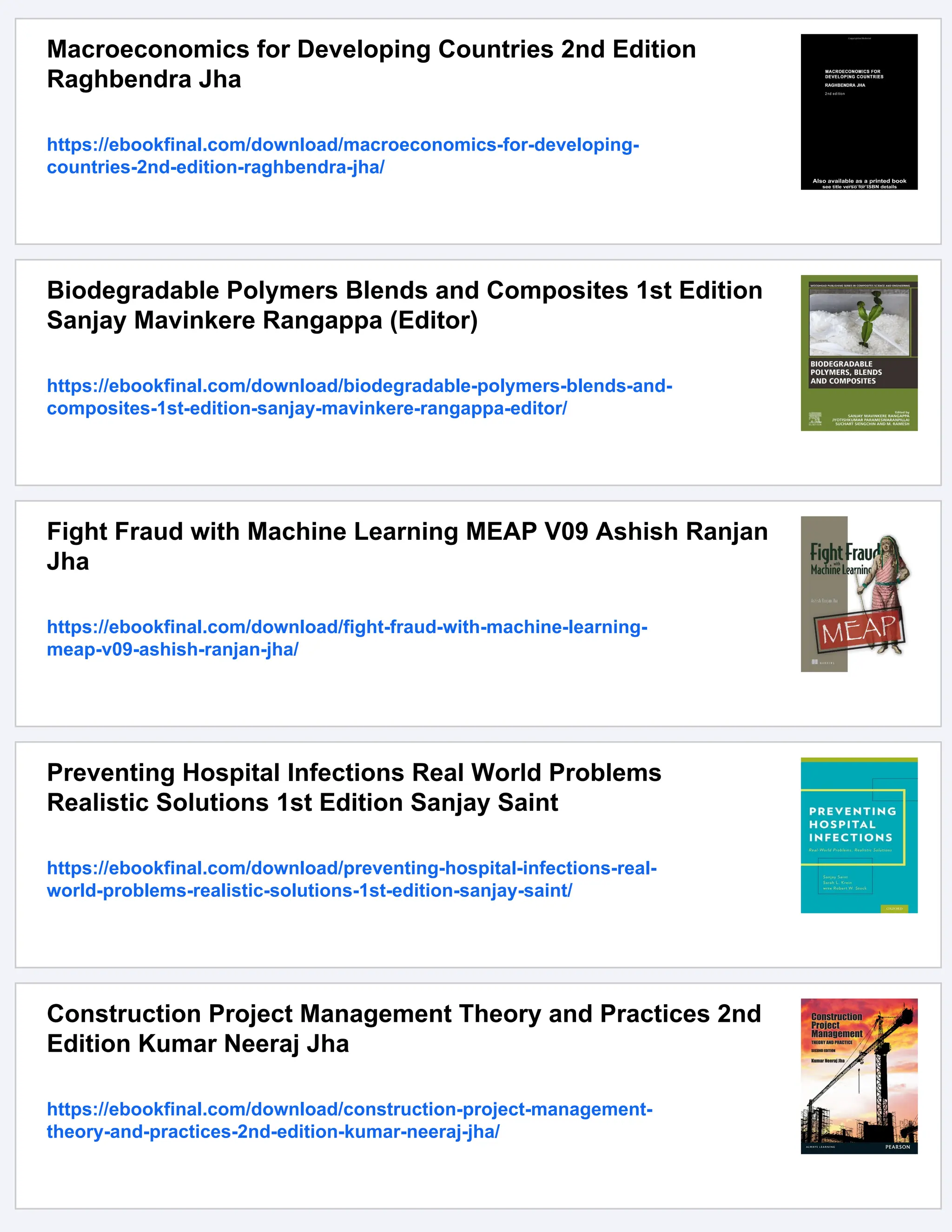 Macroeconomics for Developing Countries 2nd Edition
Raghbendra Jha
https://ebookfinal.com/download/macroeconomics-for-developing-
countries-2nd-edition-raghbendra-jha/
Biodegradable Polymers Blends and Composites 1st Edition
Sanjay Mavinkere Rangappa (Editor)
https://ebookfinal.com/download/biodegradable-polymers-blends-and-
composites-1st-edition-sanjay-mavinkere-rangappa-editor/
Fight Fraud with Machine Learning MEAP V09 Ashish Ranjan
Jha
https://ebookfinal.com/download/fight-fraud-with-machine-learning-
meap-v09-ashish-ranjan-jha/
Preventing Hospital Infections Real World Problems
Realistic Solutions 1st Edition Sanjay Saint
https://ebookfinal.com/download/preventing-hospital-infections-real-
world-problems-realistic-solutions-1st-edition-sanjay-saint/
Construction Project Management Theory and Practices 2nd
Edition Kumar Neeraj Jha
https://ebookfinal.com/download/construction-project-management-
theory-and-practices-2nd-edition-kumar-neeraj-jha/
 