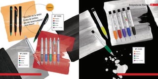 Bolígrafos de Plástico
BP-2118A
Plástico
Metálico
Negra
Goma
4.5 x 1.0 cms
m
c
t
g
a
BP-7281E
Plástico
Plástico
Negra
Goma
3.8 x 1.0 cms
m
c
t
g
a
“Escribir es la mejor
forma de hablar,
sin ser interrumpido.”
Jules Renard
25
nuevo
BP-2185A
Plástico
Plástico
Negra
Goma
4.5 x 1.6 cms
m
c
t
g
a
 