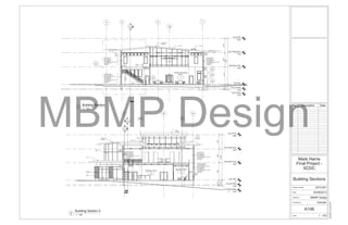 First Floor
0
Mezzanine Floor
4500
124
1y
3
Top of Footing
-1200
Top of Mezzanine
8100
Top of Roof
11800
U/S Footing
-1400
2
A106
1
A107
3
A108
4
A108
1
A108
2
A108
Product Showcase
Room
1
Open to Below
10
2001200
4500
36003700
118001400
90mm Brick Veneer
50mm Air Space
6mil Vapour Barrier
38mm Rigid Insulation
13mm Sheathing
152mm Metal Stud w/ Batt Insulation
6mil Moisture Barrier
13mm GWB
Paint Finish
1:11
1:11
90mm Brick Veneer
50mm Air Space
6mil Vapour Barrier
38mm Rigid Insulation
13mm Sheathing
152mm Metal Stud w/ Batt Insulation
6mil Moisture Barrier
13mm GWB
Paint Finish
SkylightCurtain Wall
26
26
26
Mezzanine
Railing
Stair
Stringer
900
Run16
2942@Rise17
Landing
1000
600x1200
mm
Compound
Ceiling
90mm Stone Veneer
19mm Mortar Setting Bed
19mm Scratch Coat
Metal Lath Fastened to Metal Stud
6mil Vapour Barrier
38mm Rigid Insulation
13mm Sheathing
152mm Metal Stud w/ Batt Insulation
6mil Moisture Barrier
13mm GWB
Paint Finish
Precast Concrete
(Insul-Deck)
Sloped Roof
First Floor
0
Mezzanine Floor
4500
AC B
Top of Footing
-1200
Top of Mezzanine
8100
Top of Roof
11800
U/S Footing
-1400
1
A106
AxBx
1
A107
5
A108
3700360045001200200
118001400
Reception Area
12
Manager Office
5
90mm Brick Veneer
50mm Air Space
6mil Vapour Barrier
38mm Rigid Insulation
13mm Sheathing
152mm Metal Stud w/ Batt Insulation
6mil Moisture Barrier
13mm GWB
Paint Finish
Precast
Concrete
Curve Roof
1:11
Curtain
Wall
Curtain
Wall
Flat Roof
Curtain
Wall
Exterior Brick
Column
90mm Brick Veneer
50mm Air Space
6mil Vapour Barrier
38mm Rigid Insulation
13mm Sheathing
152mm Metal Stud w/ Batt Insulation
6mil Moisture Barrier
13mm GWB
Paint Finish
90mm Stone Veneer
19mm Mortar Setting Bed
19mm Scratch Coat
Metal Lath Fastened to Metal Studs
6mil Vapour Barrier
38mm Rigid Insulation
13mm Sheathing
152mm Metal Stud w/ Batt Insulation
6mil Moisture Barrier
13mm GWB
Paint Finish
7 Panel Skylight
1:11
18
26
14
Precast Concrete
(Insul-Deck)
Sloped Roof
Scale
Checked by
Drawn by
Date
Project number
1 : 100
02/08/20136:29:49PM
Building Sections
2013-001
Final Project -
SCDC
Mark Harris
02/08/2013
MBMP Design
Checker
A106
No. Description Date
1 : 100
Building Section
1
1 : 100
Building Section 2
2
MBMP Design
 