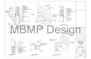 300mm
Insul-Deck
Glazing (Sealed
Unit)
5mm Finish Painter White
3 Layers Waterproofing
Primer
10mm Substrate
Interior Trim
1
Glazing
Window Sill Mullion
Sill Brick w/ Drip
90mm Brick Veneer
50mm Air Space
6mil Vapour Barrier
38mm Rigid Insulation
13mm Sheathing
152mm Metal Stud w/ Batt Insulation
6mil Moisture Barrier
13mm GWB
Paint Finish
Flashing
Adjustable Tie @ Every 4 Bricks
350
358
905040178
1
90mm Brick Veneer
50mm Air Space
6mil Vapour Barrier
38mm Rigid Insulation
13mm Sheathing
152mm Metal Stud w/ Batt Insulation
6mil Moisture Barrier
13mm GWB
Paint Finish
Glazing
Window Head Mullion
Steel Shelf Angle
Weep
Flashing
Adjustable Tie @
Every 4 Bricks
358
350
905040178
First Floor
0
173900
173
275
Stringer
152
Prefabricated Metal
Handrail
Prefabricated Metal
Post
Anchors
200
Concrete Slab
14.5mm Travertine Flooring
8mm Paste
200mm Floating Slab
150 Gravel Bed
First Floor
0
1
Top of Footing
-1200
U/S Footing
-1400
2001200
90mm Brick Veneer
50mm Air Space
6mil Vapour Barrier
38mm Rigid Insulation
13mm Sheathing
152mm Metal Stud w/ Batt Insulation
6mil Moisture Barrier
13mm GWB
Paint Finish
Grade
Earth
200
Earth
14.5mm Travertine Flooring
8mm Paste
200mm Floating Slab
150mm Gravel Bed
100mm Weeper Tile
38mm Drainage Mat
330mm Foundation
Wall
350x200mm
Strip Footing
Steel Shelf
Angle
Adjustable Tie @ Every
4 Bricks
Weep
Flashing
Baseboard
Urethane Rubber
Sealant
Mezzanine Floor
4500
900
Prefrabricated Metal
Handrail
Prefrabricated Metal
Post
Stringer
400
200
Bent 125x75x6
L.L.V
Anchored to
concrete
L.L.V Anchored
Welded to
Metal Stairs
14.5mm Travertine Flooring
8mm Paste
200mm Concrete Slab
Scale
Checked by
Drawn by
Date
Project number
1 : 10
02/08/20136:27:32PM
Detail Sheet
2013-001
Final Project -
SCDC
Mark Harris
02/08/2013
MBMP Design
Checker
A108
No. Description Date
1 : 10
Skylight Detail
51 : 10
Window Sill
4
1 : 10
Window Head
3
1 : 10
Stair @ Base
2
1 : 10
Foundation Detail
1
1 : 10
Top of Stairs Detail
6
MBMP Design
 