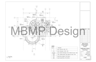 A1051
A104
A105
A104
1
2
2
1 2 4
1y
3
A
C
B
Cx
1
A106
2
A106
2x
1x
Ax
Bx
1
A107
2
A107
11480 1074 8266 4000
27754182
2936
102547546
17799
24820
600
1200
600
600
Meeting Room
3
Product Showcase
Room
1
Women's
7
Men's
8
Manager Office
5
Product Libary reading
Room
6
600x1200
Conpound Ceiling
3600mm A.F.F
GWB Ceiling
3600mm A.F.F
600x1200
Conpound Ceiling
3300mm A.F.F
600x600 High
Conpound Ceiling
8100mm A.F.F
600x1200
Conpound Ceiling
8100mm A.F.F
600x600
Conpound Ceiling
4000mm A.F.F
600x1200
Conpound Ceiling
4000mm A.F.F
600x1200
Conpound Ceiling
4000mm A.F.F
600x600
Conpound Ceiling
3100mm A.F.F
600x12000 High
Compound Ceiling
8050mm A.F.F
GWB Ceiling
4000mm A.F.F
GWB Ceiling
4000mm A.F.F
GWB Ceiling
4000mm A.F.F
Legend
Symbol Description
Light - Flat Round : 60W - 277V
Light - Hemisphere : 100W - 120V
Light - Parabolic Rectangular : 600 x 1200mm (2 Lamp) - 120V
Light - Parabolic Square : 600 x 600mm (2 Lamp) - 120V
Square Return Register : 600 x 600mm
Square Supply Diffuser : 600 x 600mm
Scale
Checked by
Drawn by
Date
Project number
As indicated
02/08/20136:26:54PM
Reflected Ceiling
First Floor
2013-001
Final Project -
SCDC
Mark Harris
02/08/2013
MBMP Design
Checker
A109
No. Description Date
1 : 100
First Floor
1
MBMP Design
 