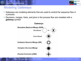 Modeling Gateways Gateways are modeling elements that are used to control the sequence flow in a process Decisions, merges, forks, and joins in the process flow are modeled with a  gateway  symbol  
