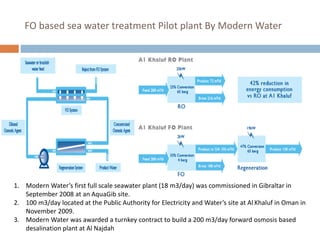 FO based sea water treatment Pilot plant By Modern Water
1. Modern Water’s first full scale seawater plant (18 m3/day) was commissioned in Gibraltar in
September 2008 at an AquaGib site.
2. 100 m3/day located at the Public Authority for Electricity and Water’s site at Al Khaluf in Oman in
November 2009.
3. Modern Water was awarded a turnkey contract to build a 200 m3/day forward osmosis based
desalination plant at Al Najdah
 