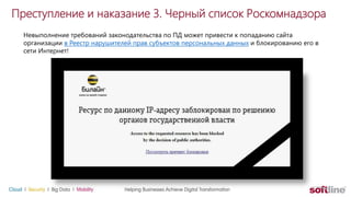 Преступление и наказание 3. Черный список Роскомнадзора
Невыполнение требований законодательства по ПД может привести к попаданию сайта
организации в Реестр нарушителей прав субъектов персональных данных и блокированию его в
сети Интернет!
 