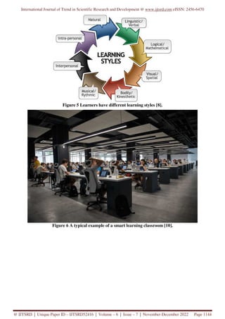 International Journal of Trend in Scientific Research and Development @ www.ijtsrd.com eISSN: 2456-6470
@ IJTSRD | Unique Paper ID – IJTSRD52416 | Volume – 6 | Issue – 7 | November-December 2022 Page 1144
Figure 5 Learners have different learning styles [8].
Figure 6 A typical example of a smart learning classroom [10].
 
