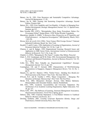 JURNAL RISET AKUNTANSI DAN BISNIS
Vol 14 No . 1 / Maret 2014
FAKULTAS EKONOMI - UNIVERSITAS MUHAMMADIYAH SUMATERA UTARA 29
Barney, Jay B., 1991, Firm Resources and Sustainable Competitive Advantage,
Journal Of Management, 17, 99.
Barney, Jay B., 2002, Gaining And Sustaining Competitive Advantage, Second
Edition. Prentice Hall.
Barton, D.L., 1992, Core Capability and Core Rigidity: A Paradox in Managing New
Product Development, Strategic Management Journal, Vol. 13, Special issue,
Summer, pp.111.
Basu Swastha DH, (1997), "Meningkatkan Daya Saing Perusahaan Dalam Era
Persaingan Global", Kajian Bisnis : STIE Widya Wiwaha Yogyakarta.
Bharadwaj, Anardhi, S. (2000), "A Resources Base Perspective on IT Capability and
FirmPerformance : An Empirical Investigation", MIS Quaterly, March, 24(1)
: 169-196.
Bivens, K.K. & Lovell, E.B. (1996), "Joint Venture With Foreign Partner", National
Industrial Conference Board. Inc. New York.
Boydell, T. and R. Leary, 1996, Implication of Learning in Organizations, Journal of
European Industrial Training, Vol. 19, No. 3, pp. 31.
Chaston, L. and B. Badger, 1999, Organizational Learning: Research Issues and
Application in SME Sector Firms, International Journal of Enterpreneurial
Behavior & Research, Vol. 5, No. 4, pp. 191.
Chatteli, A. (1995), "Managing for The Future", London: Mac Milian. Press,Ltd
Clark, T., P.R. Varadarajan, and W.M. Pride, 1994. Environmental Management: The
Construct and Research Propositions, Journal of Business Research, Vol. 29,
No. 1, pp. 23.
Collis D.J., 1994, How Valuable are Organizational Capabilities? Strategic
Management Journal, Vol. 15, pp. 143.
Cunningham, J.B. and P. Gerrard, 2000. Characteristics of Well-Performing
Organisations in Singapore, Singapore Management Review, Vol. 22, No. 1,
pp.35.
Daniels, J.L. and N.C. Daniels ( 1993), "Global Vision : Building New Models for
TheCorporation of the Future", New York : Mc Graw Hill, Inc.
D'Aveni, R.A. and R. Gunther ( 1995), "Hyper Competition : Managing The
Dynamics of Strategic Maneuvering", New York :The Free Press.
David, F.R., 2002, Manajemen Strategis: Konsep, Edisi Bahasa Indonesia.
Diterjemahkan oleh Alexander Sindoro. Jakarta: Prenhallindo.
Dill, D.D., 1999., Academic Accountability and University Adaptation: The
Architecture of an Academic Learning Organization, Higher Education, Vol.
38, pp. 127.
Dixon, N.M., 1997., The Hallways of Learning, American Management Association,
Organisational Dynamics, Vol.25 No.4, Spring, pp.23.
Dobson, John, 1989, Corporate Reputation: A Free-Market Solution to Unethical
Behavior, Business and Society, 28, 1.
Dowling, Grahame, 2001, Creating Corporate Reputation Identity, Image and
Performance, Oxford University Press, New York.
 