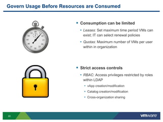 22
Govern Usage Before Resources are Consumed
 Consumption can be limited
• Leases: Set maximum time period VMs can
exist; IT can select renewal policies
• Quotas: Maximum number of VMs per user
within in organization
 Strict access controls
• RBAC: Access privileges restricted by roles
within LDAP
• vApp creation/modification
• Catalog creation/modification
• Cross-organization sharing
 