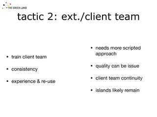 tactic 2: ext./client team
• train client team

• consistency

• experience & re-use
• needs more scripted
approach

• quality can be issue

• client team continuity

• islands likely remain
 