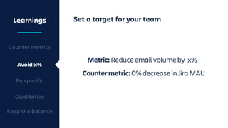 Learnings
Counter metrics
Avoid x%
Be specific
Qualitative
Pair quantitative metrics with
qualitative analysis
Quantitativ...