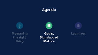 Goals Signals Metrics
How can we
measure that?
What does user
success look like?
 