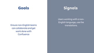 Goals Signals Metrics
Ensure non-English
teams can
collaborate and get
work done with
Confluence
Ratio of users in same
la...