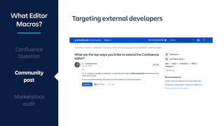 Targeting external developersWhat Editor
Macros?
Confluence
Question
Community
post
Marketplace
audit
 
