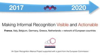 Making Informal Recognition Visible and Actionable
An Open Recognition Alliance Project supported with a grant from the European Commission
France, Italy, Belgium, Germany, Greece, Netherlands + network of European countries
20202017
 