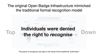 The original Open Badge Infrastructure mimicked
the traditional formal recognition model
Top Down
The power to recognise was kept in the hands of the traditional “authorities”
Individuals were denied
the right to recognise
 