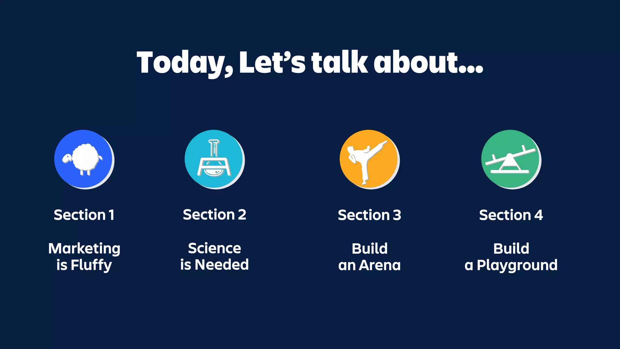 Today, Let’s talk about...
Section 1
Marketing
is Fluffy
Section 2
Science
is Needed
Section 3
Build
an Arena
Section 4
Build
a Playground
 