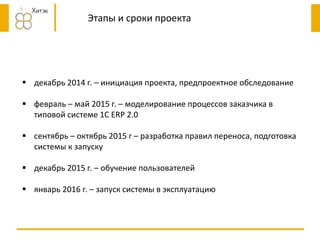 Этапы и сроки проекта
 декабрь 2014 г. – инициация проекта, предпроектное обследование
 февраль – май 2015 г. – моделиро...