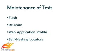 Maintenance of Tests
Flash
Re-learn
Web Application Profile
Self-Healing Locators
 