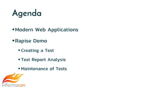 Agenda
Modern Web Applications
Rapise Demo
 Creating a Test
 Test Report Analysis
 Maintenance of Tests
 