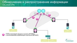 Обнаружение и распространение информации
VXLAN/EVPN
Host A
MAC_A / IP_A Host B
MAC_B / IP_B
Virtual Switch
Host C
MAC_C / IP_C
Host Y
MAC_Y / IP_Y
RR RR
V2
V1
V3
1
1
1
VTEPы анонсирует машруты на хосты (IP+MAC)
с использованием управляющего протокола (MP-BGP)
1
 