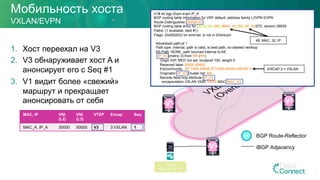 Мобильность хоста
1.  Хост переехал на V3
2.  V3 обнаруживает хост A и
анонсирует его с Seq #1
3.  V1 видит более «свежий»
маршрут и прекращает
анонсировать от себя
VXLAN/EVPN
BGP Route-ReflectorRR
iBGP Adjacency
MAC, IP VNI
(L2)
VNI
(L3)
VTEP Encap Seq
MAC_A, IP_A 30000 50000 V3 3:VXLAN 1
Host A
MAC_A / IP_A
RR RR
V2
V1
V3
V1# sh bgp l2vpn evpn IP_A
BGP routing table information for VRF default, address family L2VPN EVPN
Route Distinguisher: 30000:V3
BGP routing table entry for [2]:[0]:[0]:[48]:[MAC_A]:[32]:[IP_A]/272, version 28839
Paths: (1 available, best #1)
Flags: (0x000202) on xmit-list, is not in l2rib/evpn
Advertised path-id 1
Path type: internal, path is valid, is best path, no labeled nexthop
AS-Path: NONE, path sourced internal to AS
IP_V3 (metric 3) from RR (RR)
Origin IGP, MED not set, localpref 100, weight 0
Received label 30000 50000
Extcommunity: RT:1000:30000 RT:1000:50000 ENCAP:3
Originator: IP_V3 Cluster list: RR
Remote Next-hop Attribute: IP_V3
encapsulation VXLAN VNID 50000 MAC MAC_V3
48, MAC, 32, IP
ENCAP:3 = VXLAN
 
