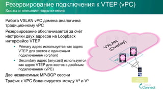 Резервирование подключения к VTEP (vPC)
Работа VXLAN vPC домена аналогична
традиционному vPC
Резервирование обеспечивается за счёт
настройки двух адресов на Loopback
интерфейсе VTEP
§  Primary адрес используется как адрес
VTEP для хостов с одиночным
подключением (orphan)
§  Secondary адрес (anycast) используется
как адрес VTEP для хостов с двойным
подключением (vPC)
Две независимых MP-BGP сессии
Трафик к VPC балансируется между V4 и V5
Хосты и внешние подключения
Host D
VNI 30000
V4
V5
 