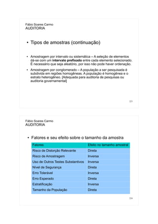 223
Fábio Soares Carmo
AUDITORIA
● Tipos de amostras (continuação)
● Amostragem por intervalo ou sistemática – A seleção de elementos
dá-se com um intervalo prefixado entre cada elemento selecionado.
É necessário que seja aleatório, por isso não pode haver ordenação.
● Amostragem por conglomerado – A população a ser pesquisada é
subdivida em regiões homogêneas. A população é homogênea e o
estrato heterogêneo. [Adequada para auditoria de pesquisas ou
auditoria governamental]
224
Fábio Soares Carmo
AUDITORIA
● Fatores e seu efeito sobre o tamanho da amostra
Fatores Efeito no tamanho amostral
Risco de Distorção Relevante Direta
Risco de Amostragem Inversa
Uso de Outros Testes Substantivos Inversa
Nível de Segurança Direta
Erro Tolerável Inversa
Erro Esperado Direta
Estratificação Inversa
Tamanho da População Direta
 