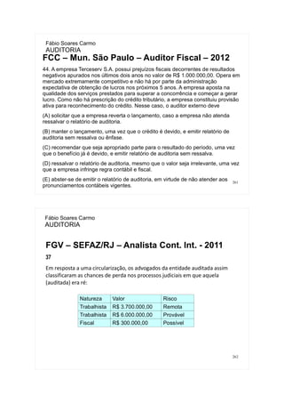 261
Fábio Soares Carmo
AUDITORIA
FCC – Mun. São Paulo – Auditor Fiscal – 2012
44. A empresa Terceserv S.A. possui prejuízos fiscais decorrentes de resultados
negativos apurados nos últimos dois anos no valor de R$ 1.000.000,00. Opera em
mercado extremamente competitivo e não há por parte da administração
expectativa de obtenção de lucros nos próximos 5 anos. A empresa aposta na
qualidade dos serviços prestados para superar a concorrência e começar a gerar
lucro. Como não há prescrição do crédito tributário, a empresa constituiu provisão
ativa para reconhecimento do crédito. Nesse caso, o auditor externo deve
(A) solicitar que a empresa reverta o lançamento, caso a empresa não atenda
ressalvar o relatório de auditoria.
(B) manter o lançamento, uma vez que o crédito é devido, e emitir relatório de
auditoria sem ressalva ou ênfase.
(C) recomendar que seja apropriado parte para o resultado do período, uma vez
que o benefício já é devido, e emitir relatório de auditoria sem ressalva.
(D) ressalvar o relatório de auditoria, mesmo que o valor seja irrelevante, uma vez
que a empresa infringe regra contábil e fiscal.
(E) abster-se de emitir o relatório de auditoria, em virtude de não atender aos
pronunciamentos contábeis vigentes.
262
Fábio Soares Carmo
AUDITORIA
FGV – SEFAZ/RJ – Analista Cont. Int. - 2011
37
Em resposta a uma circularização, os advogados da entidade auditada assim
classificaram as chances de perda nos processos judiciais em que aquela
(auditada) era ré:
Natureza Valor Risco
Trabalhista R$ 3.700.000,00 Remota
Trabalhista R$ 6.000.000,00 Provável
Fiscal R$ 300.000,00 Possível
 