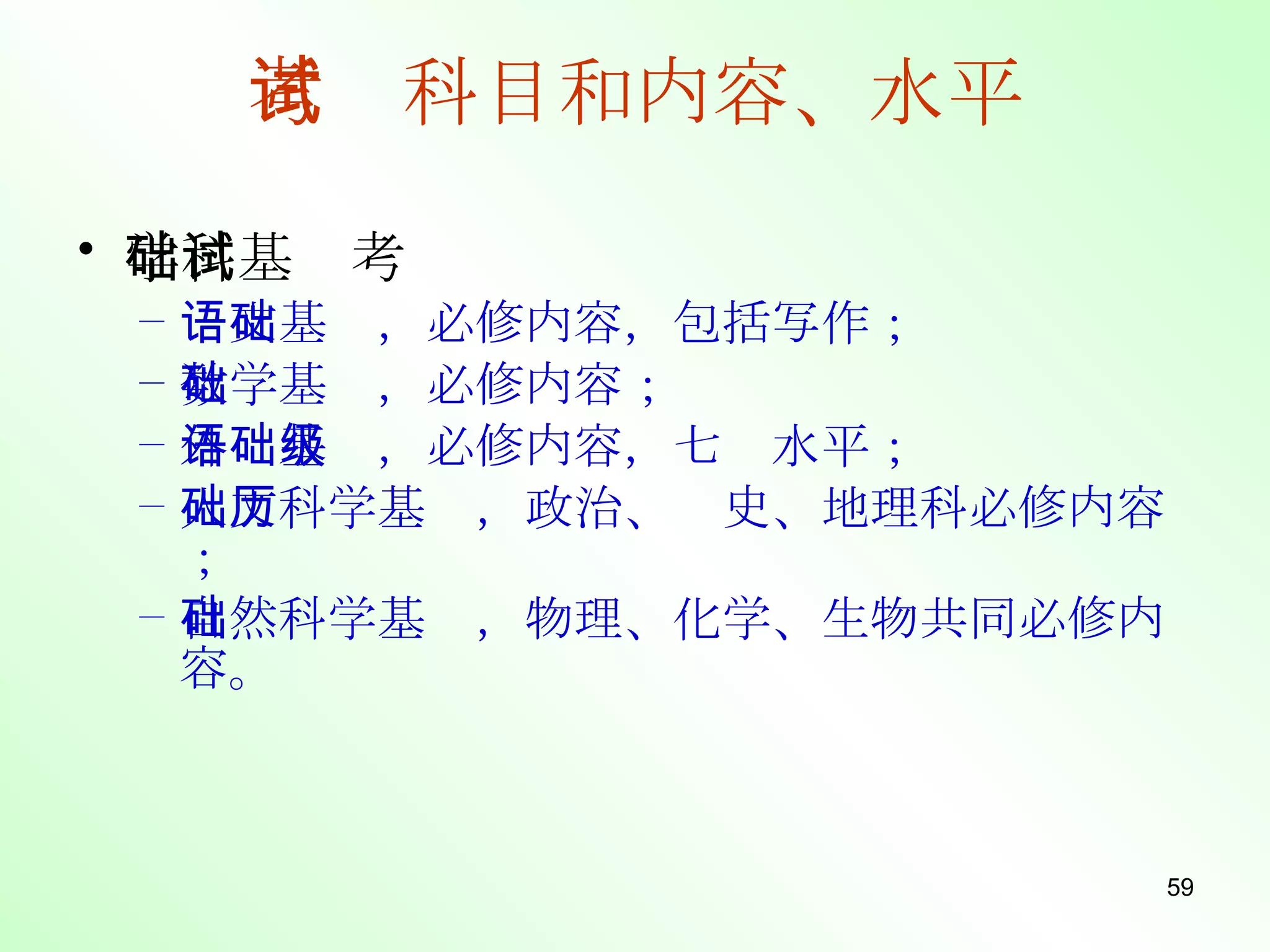 考试科目和内容、水平 学科基础考试 语文基础，必修内容，包括写作； 数学基础，必修内容； 外语基础，必修内容，七级水平； 人文科学基础，政治、历史、地理科必修内容； 自然科学基础，物理、化学、生物共同必修内容。   
