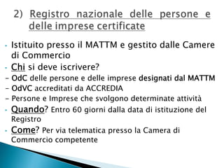 •

•

Istituito presso il MATTM e gestito dalle Camere
di Commercio
Chi si deve iscrivere?

- OdC delle persone e delle imprese designati dal MATTM
- OdVC accreditati da ACCREDIA
- Persone e Imprese che svolgono determinate attività
•

•

Quando? Entro 60 giorni dalla data di istituzione del

Registro

Come? Per via telematica presso la Camera di

Commercio competente

 