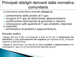 Principali obblighi derivanti dalla normativa
comunitaria
La normativa comunitaria prevede obblighi di:

contenimento delle perdite di F-gas;
2) recupero di F-gas da determinate apparecchiature;
3) certificazione/attestazione di personale e imprese;
4) informazione sulle quantità di F-gas prodotte, importate
o esportate;
5) etichettatura di prodotti e apparecchiature.
1)

Prevede inoltre:

• divieto dell’uso di SF6 o di preparati a base di SF6 per il riempimento dei
pneumatici e nella pressofusione del magnesio per quantità di SF6 utilizzate
superiori a 850 kg l'anno;

• divieto di immissione sul mercato di taluni prodotti e apparecchiature che
contengono F-gas o il cui funzionamento dipende da essi.

 