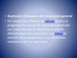 • Ilustración 1.Esquema de transmisión general
• Por medio del software de cálculo Excel y el
programa de cálculo de engranajes generado
con este software se obtendrá un diseño
eficiente para esta aplicación; Los datos de
entrada de la maquinaria y sus elementos
mecánicos son los siguientes.
 