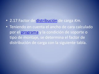 • 2.17 Factor de distribución de carga Km.
• Teniendo en cuenta el ancho de cara calculado
por el programa y la condición de soporte o
tipo de montaje, se determina el factor de
distribución de carga con la siguiente tabla.
 
